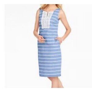 Talbots Sheath Dress 14 Blue White Cotton Linen Striped Embroidered Washable